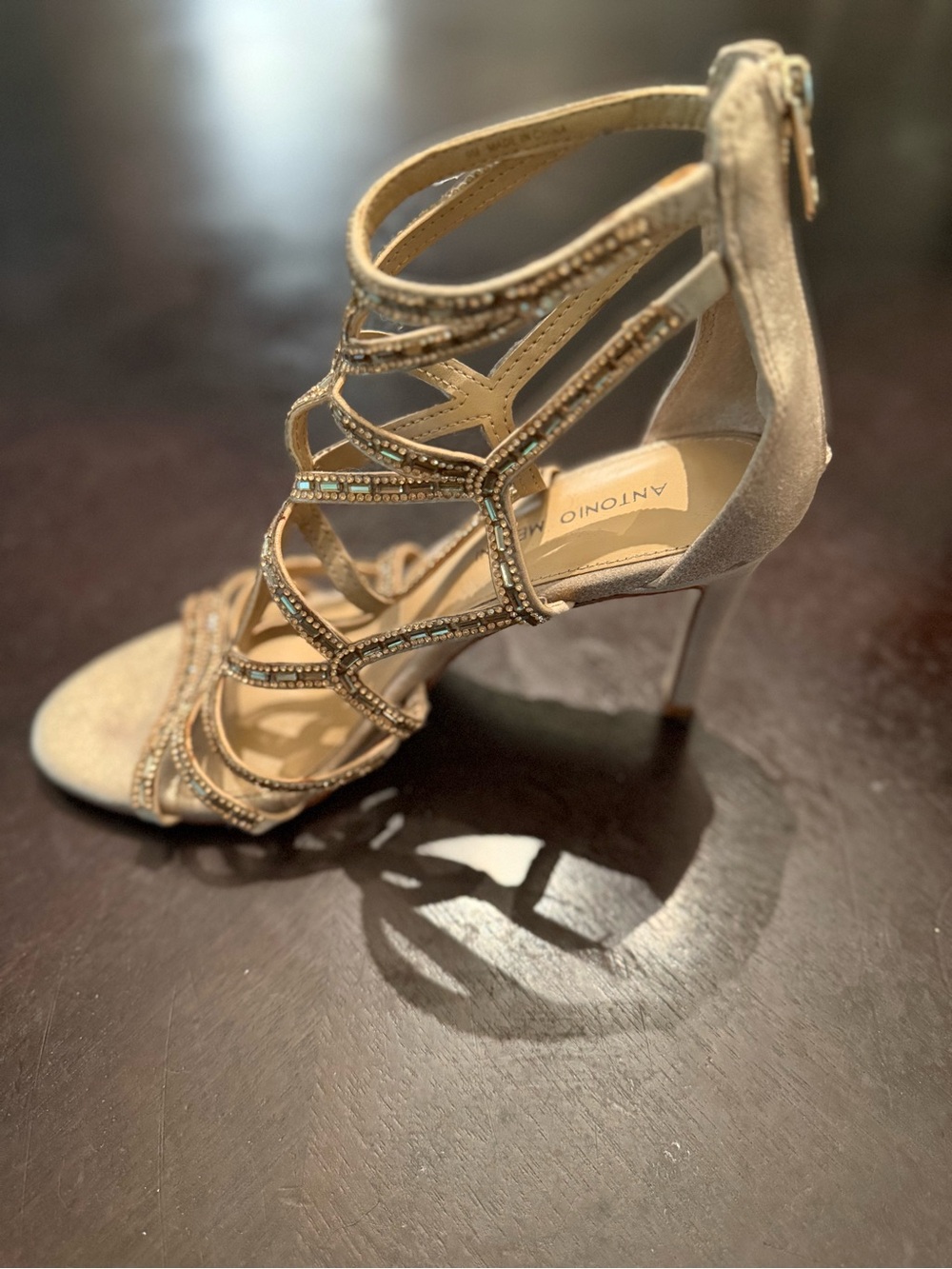 ANTONIO MELANI Gold Beaded Strappy High Heel Sandal